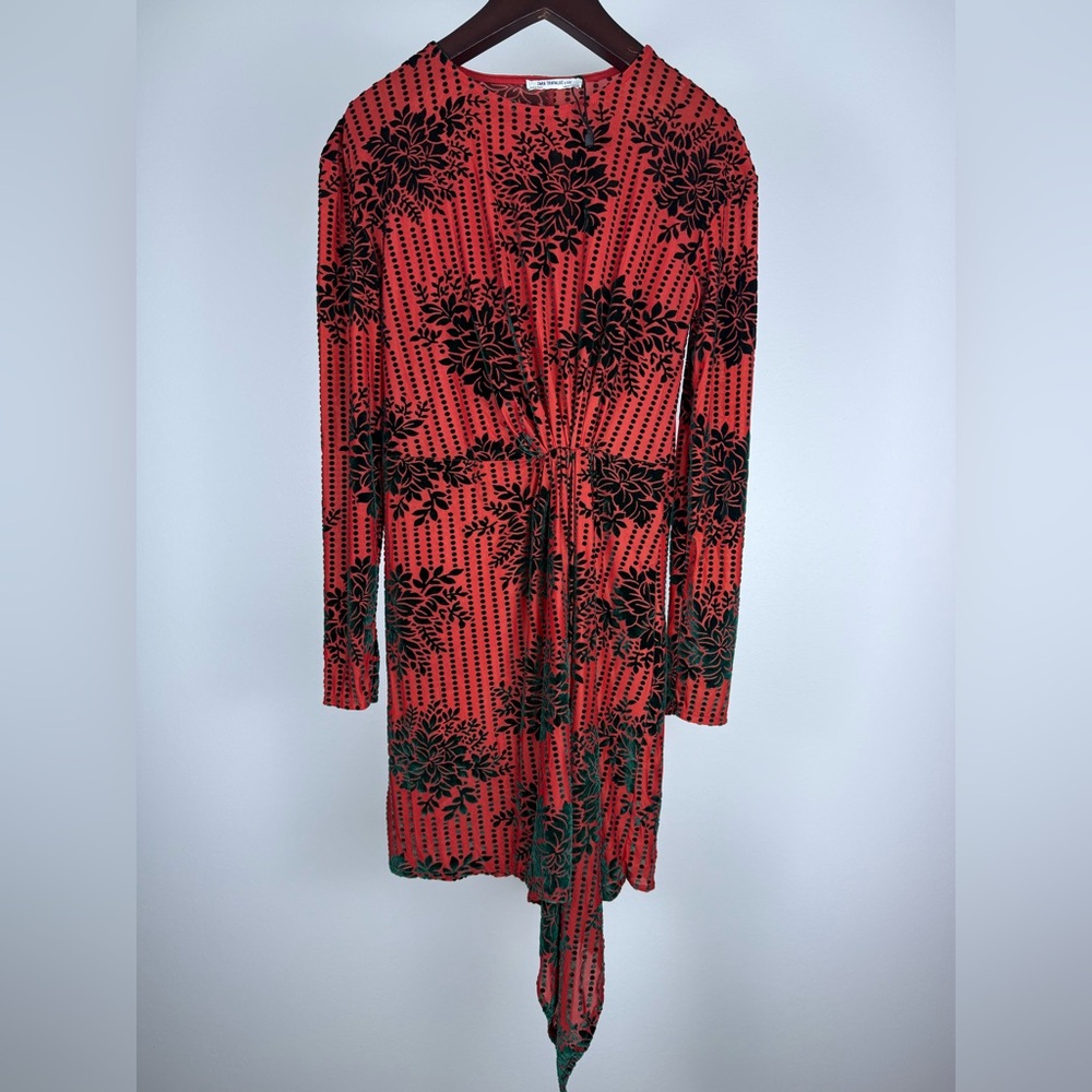 Zara Red and Black Long-Sleeve Floral Wrap Dress